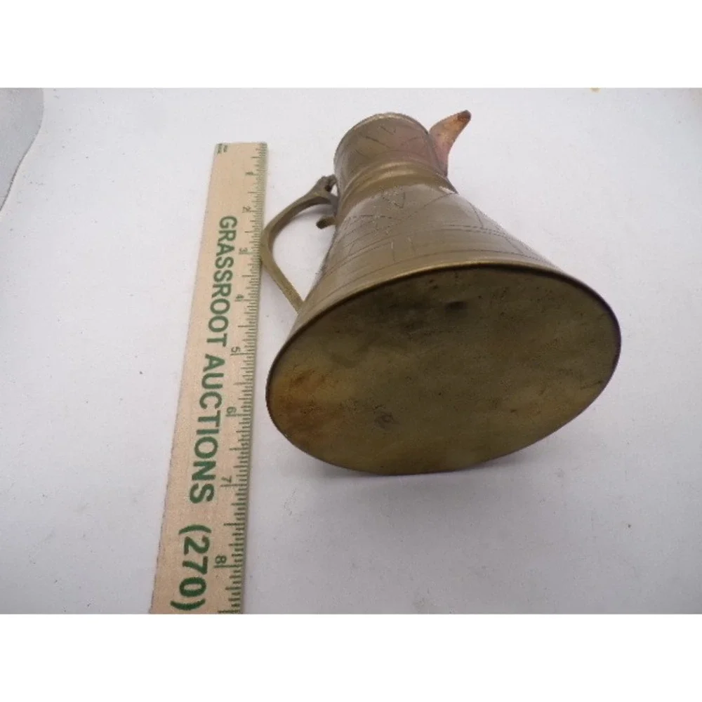 Vintage Brass Dallah Coffee Pot Hand Etched Egyptian Pyramid Design 7.5‎ Inch